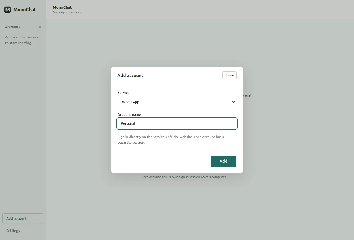 The form for adding a WhatsApp account with the example name Personal