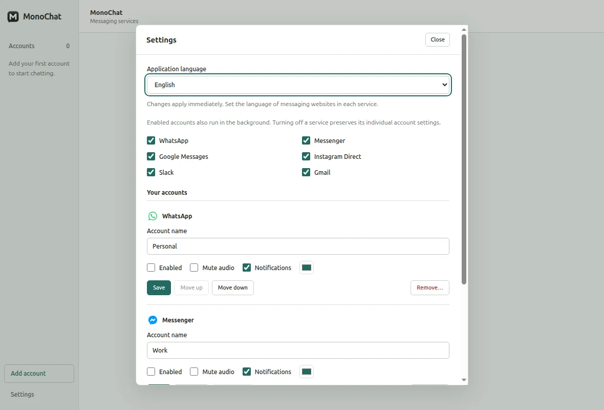 MonoChat settings in English, showing the language selector and sample Personal and Work accounts