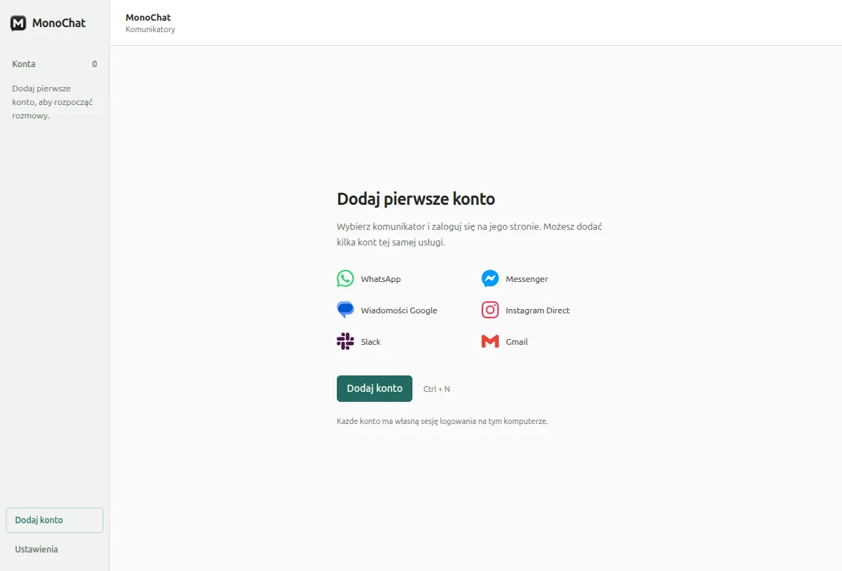 MonoChat po polsku: ekran startowy z listą obsługiwanych komunikatorów
